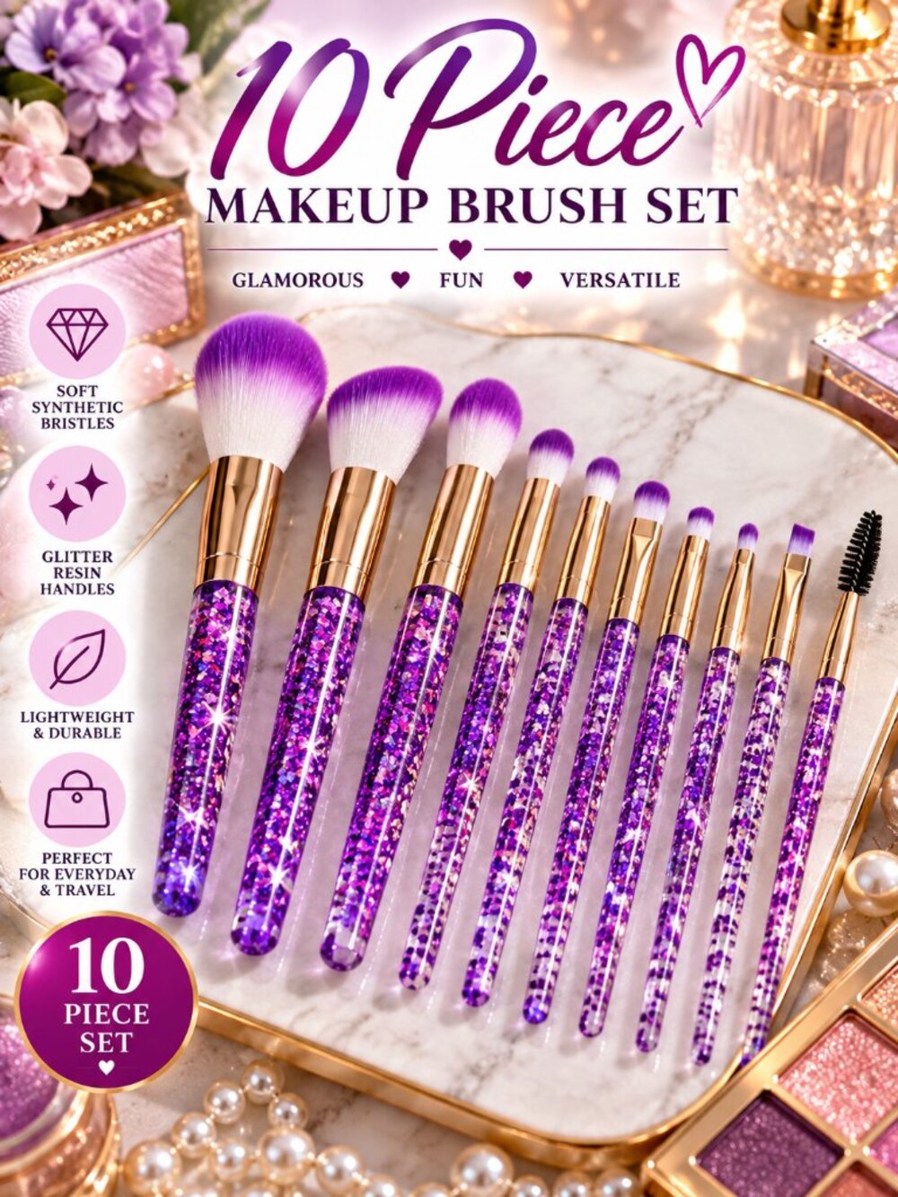 Purple Glitter Makeup Brush Set 10pc Crystal Clear Handle Face Eye Brushes